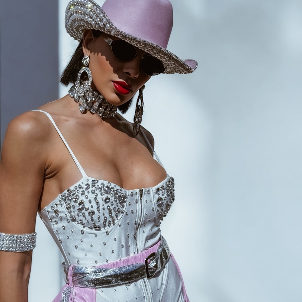 Pink Cowgirl Festival Hat with Rhinestone and Pearls, Cowboy Carter Hat